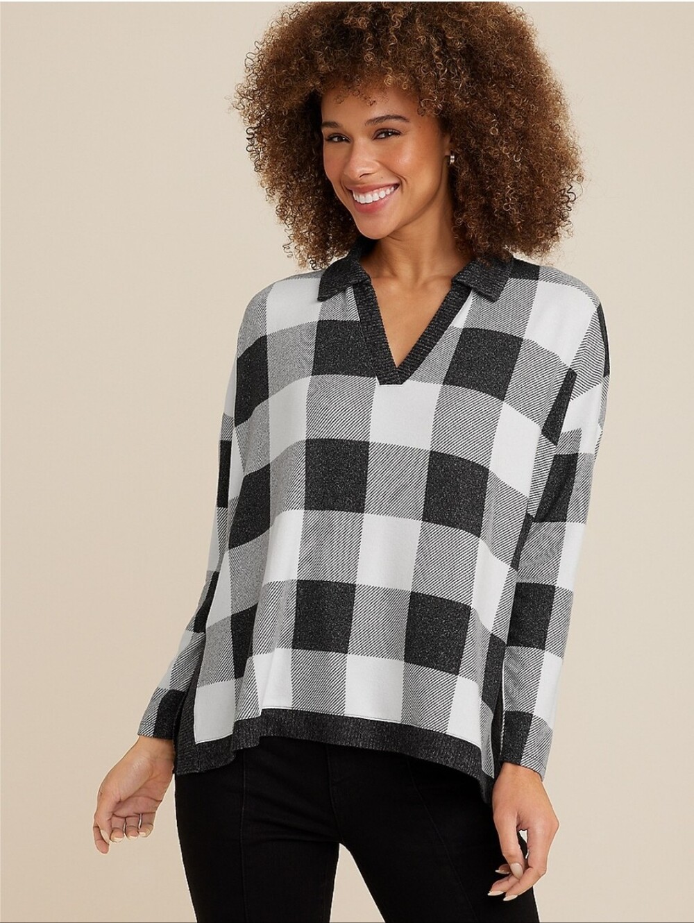 Maurices Collared Fairview Black White Plaid Long Sleeve Top Size L NWT